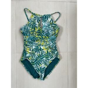 Ellen Tracy Swim One Piece Swimsuit Floral Ruched High Neck Swimwear